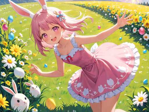 In this vibrant and whimsical scene, an anime-style girl with striking pink hair and matching pink eyes stands joyfully in a lush green field. Her hair is adorned with a delicate blue and pink flower barrette, and she wears a charming pink dress with white frills at the bottom. The dress features a cute bunny rabbit design on the front, complementing her playful bunny ears. Her arms are outstretched, and her mouth is open in a wide smile, radiating pure happiness.

Surrounding her are three white bunny rabbits, adding to the enchanting Easter theme. The field is dotted with an array of colorful flowers, including white daisies with yellow centers and cheerful yellow sunflowers. Scattered among the blooms are pastel-colored Easter eggs in shades of pink, blue, and yellow, enhancing the festive atmosphere.

In the background, a row of vibrant yellow flowers stretches into the distance, leading to a serene blue sky. The overall composition exudes a sense of joy and celebration, perfectly capturing the spirit of Easter.