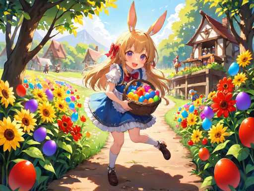 In this vibrant and whimsical scene, a young girl with long blonde hair adorned with a red bow is captured mid-stride, her right leg lifted gracefully as she walks. She wears a charming blue dress with white frills at the bottom, complemented by white knee-high socks and brown shoes. Her face is animated with a joyful expression, her mouth open in a smile, and her large purple eyes gleaming with excitement. Notably, she has long, rabbit-like ears protruding from the top of her head, adding a magical touch to her appearance.

In her hands, she carries a brown basket brimming with colorful Easter eggs, which spill over the sides, creating a festive display. The basket is filled with eggs in shades of red, purple, blue, orange, and green, enhancing the cheerful atmosphere of the scene.

The background is equally enchanting, with lush green grass and a variety of flowers lining the sides of a dirt path she walks on. To her left, a cluster of sunflowers and other vibrant blooms add to the picturesque setting. On the right side of the path, a charming house with a brown roof stands, surrounded by more trees and flowers, including red and purple blooms. The sky above is a clear blue, dotted with fluffy white clouds, completing this idyllic and joyful Easter-themed illustration.