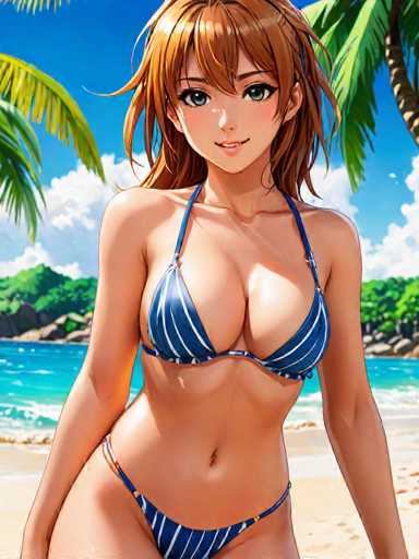 The image depicts a detailed scene of a young woman standing on a beach. She is wearing a blue bikini adorned with white stripes, which includes a matching bra. The bikini bottom features a distinctive design with a blue and white triangular pattern, accented by a small yellow detail. The woman has fair skin, and her long brown hair cascades down her back. Her hair is styled with a side bang that frames her face, and it appears slightly tousled, as if it has been affected by the wind. She has striking blue eyes and a small, delicate nose. Her lips are slightly parted, revealing a hint of her teeth, and she is smiling gently. The background showcases a picturesque beach with clear blue water, sandy shores, and lush greenery. The sky is a vibrant blue, dotted with fluffy white clouds, adding to the serene and inviting atmosphere of the scene.