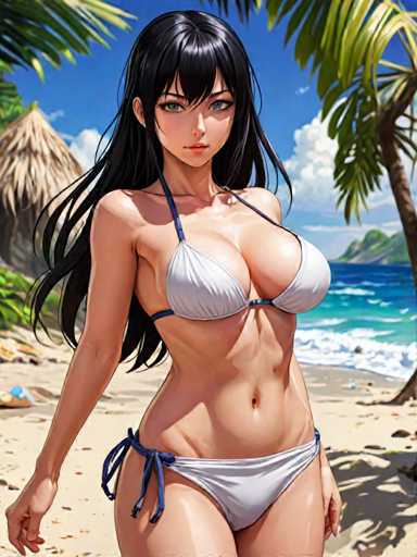 The image depicts a striking anime-style female character standing on a picturesque beach. She has long, flowing black hair that cascades down her back, and her large, expressive eyes are a captivating shade of green. Her lips are painted a soft pink, adding a touch of delicacy to her bold appearance. She is dressed in a white bikini adorned with blue accents, which contrasts beautifully with her tanned skin. The character's fit physique is accentuated by her defined abs and toned arms, which are positioned at her sides. The beach around her is pristine, with golden sand stretching out to meet the azure waters. In the background, a clear blue sky dotted with fluffy white clouds provides a serene backdrop. To the left, a thatched-roof hut adds a touch of tropical charm, while a palm tree on the right frames the scene perfectly. The overall composition exudes a sense of tranquility and natural beauty, with the anime character as the captivating focal point.