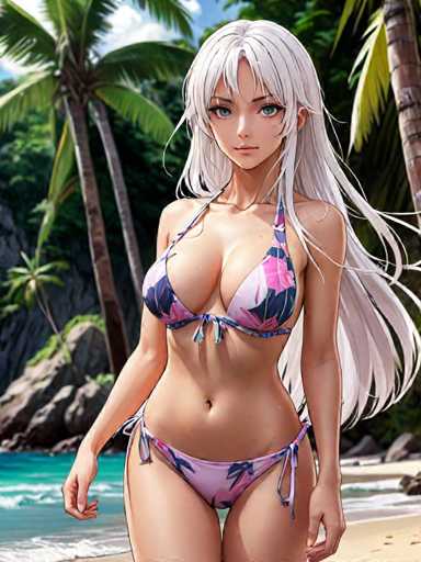 The image depicts a stunning anime-style beach scene featuring a curvaceous woman with long, flowing white hair. She is wearing a vibrant pink bikini adorned with blue and purple floral patterns. Her striking blue eyes and full lips add to her captivating appearance. The background showcases a serene beach with crystal-clear blue water, palm trees, and a rocky shoreline. The sky is a brilliant blue, dotted with fluffy white clouds, enhancing the overall picturesque and tranquil atmosphere of the scene.