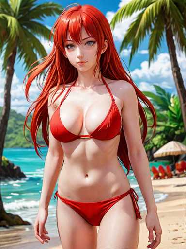 The image depicts a striking anime-style woman with long, flowing red hair that cascades down to her waist. She has a fair complexion and captivating blue eyes, accentuated by a subtle smile. Her attire is a vibrant red bikini that contrasts beautifully with her skin. The background features a serene beach scene with palm trees, a clear blue sky dotted with white clouds, and a body of water that appears to be a lake or ocean. In the distance, there are lush green hills and a small island, adding depth to the landscape. The beach is adorned with a white umbrella and several red chairs, suggesting a leisurely setting. The overall composition is bright and sunny, with the sun casting a warm glow on the woman's face and body, enhancing the vivid colors of the scene.