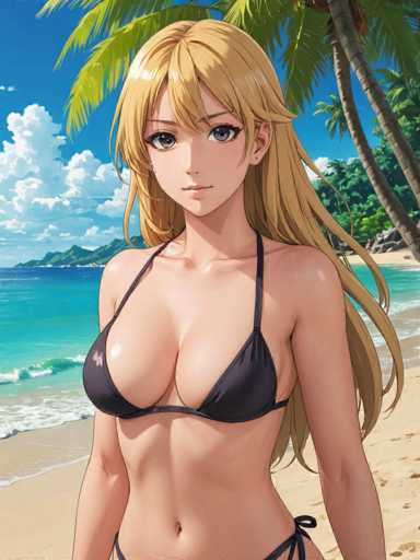 In this captivating image, a striking anime-style female character stands confidently on a pristine beach. She is adorned in a sleek black bikini that accentuates her curvaceous figure. Her long, flowing blonde hair cascades down her back, complementing her large, expressive brown eyes. The character's fair complexion contrasts beautifully with the vibrant beach setting around her.

The beach itself is a picturesque scene, with golden sand stretching out beneath her feet. To her right, a majestic palm tree stands tall, its fronds swaying gently in the breeze. The background reveals a stunning view of the ocean, its crystal-clear waters stretching out to meet the horizon. In the distance, a series of lush green islands rise from the sea, adding depth and intrigue to the landscape. The sky above is a brilliant blue, dotted with fluffy white clouds that complete this serene and idyllic setting.
