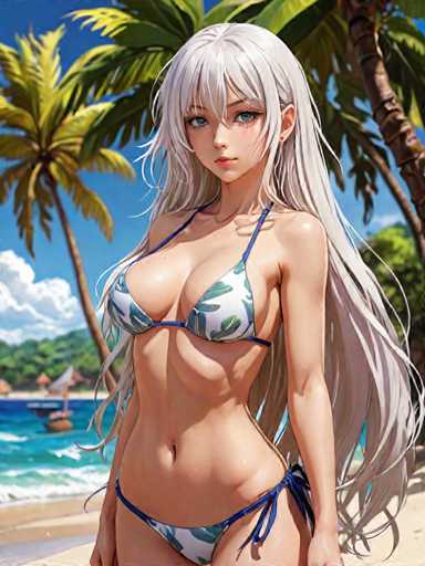 The image depicts a stunning, AI-generated anime-style beach scene. In the foreground, a curvy woman with long, flowing white hair stands confidently, her hair cascading down to her waist. She is wearing a white bikini adorned with blue leaves and a blue tie at the bottom, complementing her fair skin and blue eyes. Her pose is accentuated by her slightly open mouth, adding to her allure.

The background features a serene beach with gentle waves lapping at the shore, framed by lush palm trees and a clear blue sky. A small boat can be seen in the distance, adding to the tranquil ambiance. The overall composition is vibrant and detailed, capturing the essence of a perfect, sunny day at the beach.
