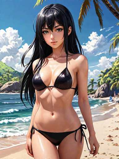 This image features a striking anime-style female character with long, flowing black hair that cascades down to her waist. She has captivating gray eyes and a fair complexion. The character is dressed in a sleek black bikini, which contrasts beautifully with her skin tone. She stands on a sandy beach, gazing directly at the viewer with a confident and alluring expression. The background showcases a serene beach setting with gentle waves lapping at the shore, palm trees swaying in the breeze, and a clear blue sky dotted with fluffy white clouds. The overall scene exudes a tropical, vacation-like atmosphere, enhancing the allure of the character and her surroundings.