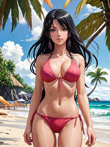 The image depicts a striking anime-style woman standing on a picturesque beach. She has long, flowing black hair that cascades down to her waist, with bangs framing her face. Her large, expressive eyes are a captivating grayish-green, and her full lips are painted a soft pink. She is adorned with long, dangling earrings that feature a gradient of pink, white, and black.

Her attire is a vibrant pink bikini that contrasts beautifully with her tanned skin. The bikini top is tied at the center of her chest, while the bottom is secured with ties on either side of her hips. Her figure is slender, with a defined waist and a noticeable stomach button.

The background showcases a serene beach scene. To the left, there are yellow lounge chairs and umbrellas, providing a splash of color. Behind her, a palm tree stands tall, adding to the tropical ambiance. The sky is a brilliant blue, dotted with fluffy white clouds. On the right side of the image, the ocean is visible, with waves gently crashing onto the shore. The overall composition creates a harmonious blend of natural beauty and stylish elegance.