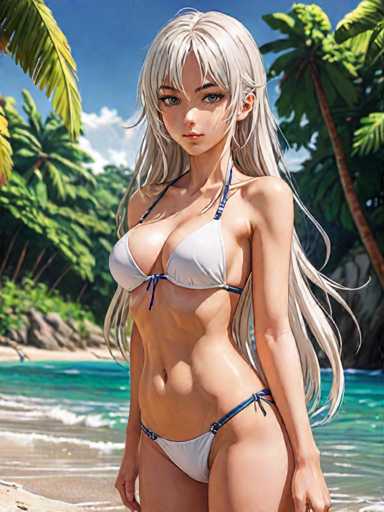 The image depicts a striking anime-style female character standing on a pristine beach. She has long, flowing white hair that cascades down her back, and her large, expressive eyes are a captivating blue. Her attire is a white bikini with blue accents, which complements her fair complexion. The character's body is slender, with a noticeable absence of a pronounced bust, and her arms are long and thin. Her legs are also slender, with a slight curvature at the hips, giving her a graceful stance. The beach around her is a light tan color, and the water behind her is a vibrant blue, dotted with white foam from gentle waves. In the background, a dense array of palm trees with lush green leaves adds to the tropical atmosphere. The sky above is a clear blue, adorned with a few fluffy white clouds, completing the serene and picturesque scene.