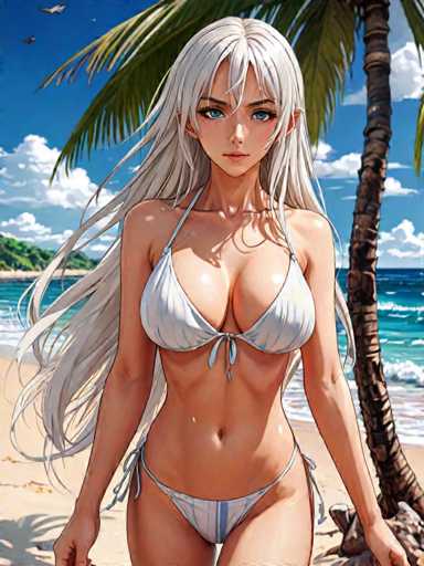 This detailed anime-style illustration features a young woman standing on a beach, facing the viewer. She has long, flowing white hair that cascades down to her waist, with bangs partially covering her face. Her striking blue eyes are accentuated by black eyebrows, and her lips are a soft pink. She is dressed in a white bikini adorned with blue stripes, which highlights her fit physique, including a visible six-pack and toned arms. The bikini is tied at the front of her chest and around her hips. 

The beach scene around her is vibrant, with golden sand stretching out behind her. To her right, a palm tree stands tall, its trunk and fronds adding to the tropical ambiance. The ocean behind her is a deep blue, with waves gently crashing onto the shore. In the distance, a small island with lush green vegetation can be seen, adding depth to the background. The sky above is a brilliant blue, dotted with fluffy white clouds, and a few birds are visible flying in the top left corner of the image. The overall composition captures a serene and picturesque moment, blending the beauty of the natural landscape with the allure of the anime character.