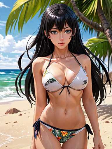 A captivating anime-style illustration features a slender woman with long, flowing black hair that cascades down to her waist. She stands confidently on a serene beach, her attire a stylish two-piece bikini. The bikini top is predominantly white, adorned with intricate green palm tree patterns, while the bottom showcases a vibrant mix of orange, yellow, and green floral designs. Her striking gray eyes and pink lips add to her allure. The background reveals a picturesque beach scene with gentle waves lapping at the shore, a clear blue sky dotted with fluffy white clouds, and a majestic palm tree standing tall. The overall composition exudes a sense of tranquility and natural beauty.
