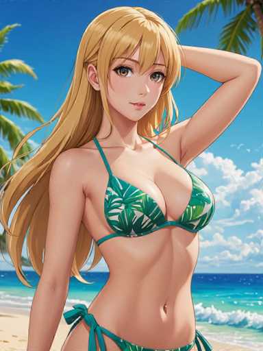 A captivating anime-style illustration features a young woman with long, flowing blonde hair cascading down her back. She stands confidently on a pristine beach, her left arm bent behind her head, accentuating her poised stance. Her attire is a striking green bikini adorned with a vibrant palm leaf pattern, complementing the tropical setting. The scene is bathed in warm sunlight, casting a gentle glow on her face and hair. Behind her, the azure ocean stretches out, dotted with white-capped waves that crash onto the shore. The sky above is a brilliant blue, dotted with fluffy white clouds, adding to the serene and picturesque atmosphere. The overall composition exudes a sense of tranquility and natural beauty, perfectly capturing a moment of serene coastal bliss.