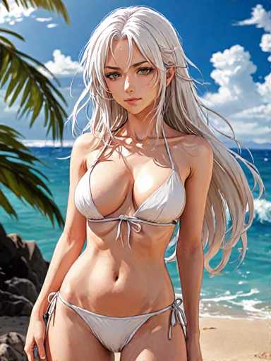 This image is a detailed, computer-generated illustration of a young woman standing on a beach. The scene is set against a backdrop of a clear blue sky dotted with fluffy white clouds. The woman, who has long, flowing blonde hair that cascades down to her waist, is wearing a white bikini. Her hair is slightly tousled by the gentle breeze. She has a fair complexion and striking features, including large, expressive eyes and a small, delicate nose. Her lips are slightly parted, giving her a serene expression. Her body is slim and toned, with defined abs and a noticeable navel. The bikini she is wearing has a tie at the front, and her hands are positioned at her sides. The beach beneath her feet is a sandy expanse, and the water around her is a vibrant blue, with waves lapping at the shore. To the left of the image, there are some rocks and a palm tree, adding to the tropical feel of the scene. The overall composition is bright and vivid, capturing a moment of tranquil beauty.