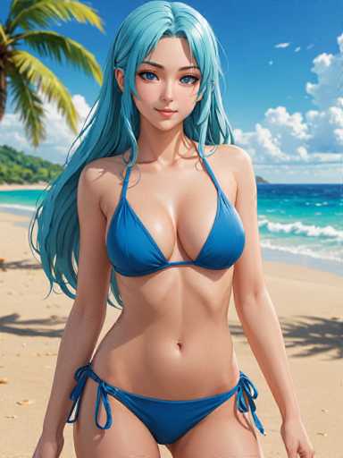 A woman with blue hair is standing on a beach, wearing a blue bikini top and bottom. She has long blonde hair that falls down her back. The background shows the ocean under a clear sky.