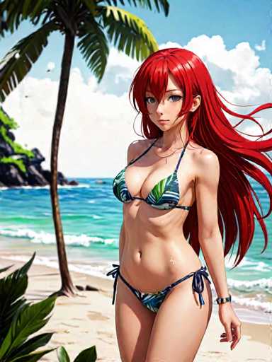 A woman with red hair and a green bikini top is standing on a beach, facing the camera with her left hand resting on her hip. The background features palm trees and the ocean under a clear blue sky.