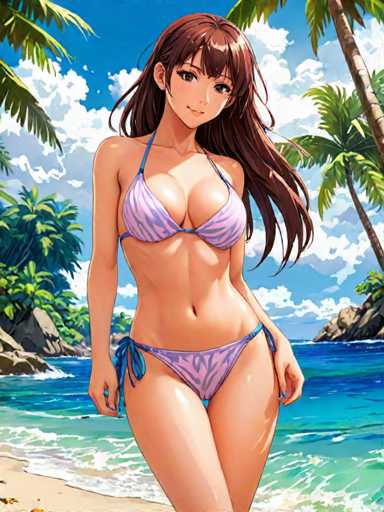 The image depicts a detailed, computer-generated scene of a young woman standing on a beach. She is wearing a purple bikini with blue straps and a blue bow accentuating the bottom of the bikini. Her long, brown hair cascades down her back, and she has a slight smile on her face. The woman's body is positioned with her feet crossed, and she is looking directly at the viewer. The beach around her is sandy, with gentle waves lapping at the shore. In the background, there are lush palm trees and rocky formations, adding to the tropical ambiance. The sky is a vibrant blue, dotted with fluffy white clouds, and the water is a clear, inviting blue. The overall scene is bright and sunny, with the sun casting a warm glow on the woman's skin.