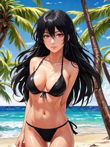 This detailed caption describes an AI-generated image of an anime-style female character standing on a beach. The character has long, flowing black hair that cascades down to her waist, with bangs partially covering her face. Her large, expressive brown eyes are accentuated by a touch of pink lipstick. She is dressed in a black bikini, which highlights her fit physique, including a visible midriff and toned arms. The background features a serene beach scene with palm trees, the ocean, and a clear blue sky dotted with a few clouds. The overall composition suggests a warm, sunny day, adding to the vibrant and realistic quality of the image.