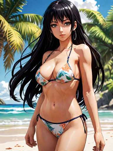 This image features a stunning, computer-generated depiction of a young woman standing on a picturesque beach. The scene is set against a backdrop of crystal-clear blue water, with gentle waves lapping onto the sandy shore. The beach is adorned with a scattering of brown seashells, adding a touch of natural texture to the scene. Towering palm trees frame the background, their fronds swaying in the breeze, under a vibrant blue sky dotted with fluffy white clouds.

The woman is positioned facing the camera, exuding confidence and grace. She has long, flowing black hair that cascades down her back, with a few strands playfully framing her face. Her complexion is fair, and she has striking features, including large, expressive brown eyes and a delicate, pouty mouth. Her nose is small and perfectly proportioned to her face. She is wearing a two-piece bikini that accentuates her figure; the top is white with blue and orange floral patterns, while the bottom is white with a blue trim. The bikini bottom features a matching floral design, complementing the top.

Her arms are relaxed at her sides, and she is standing with her legs slightly apart, showcasing her toned physique. Her stomach is flat, and her hips are accentuated by the fit of her bikini. The overall composition of the image highlights the beauty of both the natural setting and the woman, creating a captivating and serene moment.