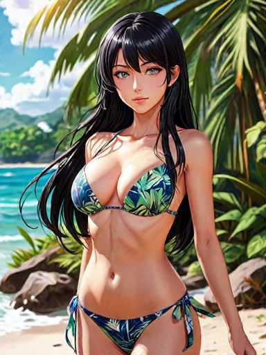 A woman is shown wearing a blue and green bikini with a floral pattern on the sides. She has long dark hair that falls down her back and is standing on a beach next to palm trees. The sky above them is clear blue with white clouds.