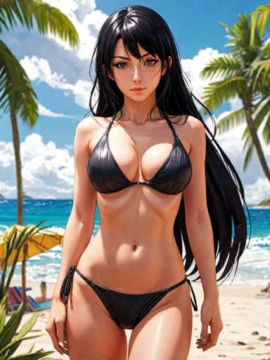The image depicts a striking anime-style woman standing on a beach. She has long, flowing black hair that cascades down her back, with bangs partially covering her face. Her large, expressive eyes are a captivating shade of gray, and her lips are painted a soft pink. She is dressed in a black bikini that accentuates her curvaceous figure, with the top featuring a tie on the left side and the bottom adorned with a string on the right. Her tan skin contrasts beautifully with the black bikini, and her long, slender fingers are visible as her arms hang naturally by her sides. The background showcases a serene beach scene with a blue sky dotted with white clouds, a body of water, and a sandy shore. To the left, there are beach chairs and an umbrella, while to the right, a palm tree stands tall. The image is framed with green leaves in the bottom left and right corners, adding a touch of natural beauty to the composition.