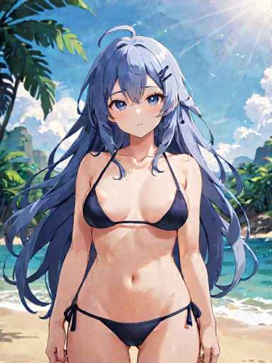 The image depicts a woman with long blue hair wearing a black bikini top and shorts standing on a beach. The background shows palm trees and the ocean under a clear blue sky.