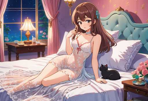 In this captivating anime-style illustration, a young woman with long brown hair adorned with a blue ribbon sits gracefully on a bed. She is dressed in a sheer white nightgown, elegantly detailed with lace trim and a delicate red bow at the center. The nightgown features thin straps and a lace choker around her neck, adding to her ethereal appearance. Her right hand gently touches her hair, while her left arm rests on the bed, with her elbow propped up, revealing a serene and contemplative expression.

The bed she sits on is a luxurious piece, upholstered in blue fabric with a tufted back and adorned with white pillows. To her right, a small brown table holds a vase filled with vibrant pink roses, adding a touch of color to the scene. On the left side of the image, a window with pink curtains tied back in the middle offers a glimpse of the night outside. The window frame is a warm brown, and a small brown table sits in front of it, topped with a white bird figurine and a lamp with a white shade, casting a soft glow over the room.

The wall behind the bed is painted a soothing pink, complementing the overall color scheme. The young woman's hair cascades down her back, with a blue ribbon tied on the right side, enhancing her delicate and dreamy aesthetic. The entire scene exudes a sense of tranquility and elegance, capturing a moment of quiet beauty in a beautifully detailed anime world.