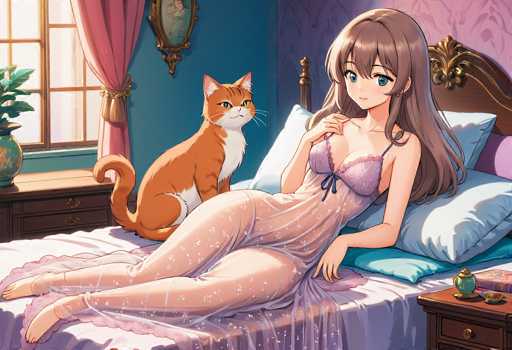 In this detailed anime-style illustration, a young woman with long brown hair and large blue eyes is depicted lying on a bed. She is wearing a sheer, nightgown-like pajama set that is predominantly purple with white floral patterns. The top part of her outfit is purple, while the bottom part is a light pink. Her right leg is extended straight out, and her left leg is bent at the knee, with her foot flat on the bed. She is holding the top of her pajama top with her right hand, and her left arm rests on the bed.

The bed features a white sheet and a purple blanket. Behind her, there are two pillows: one is white, and the other is blue. The headboard of the bed is brown with a gold design, and the wall behind it is pink. To the right of the bed, there is a brown nightstand with a green vase and a green teacup placed on it.

To the left of the woman, an orange cat with a white chest and white ears is sitting on the bed, looking directly at her. The cat's tail is curled up. Further to the left, there is a brown dresser with a green vase containing a plant. Above the dresser, a window with pink curtains tied back with a gold sash allows light to stream into the room. Above the window, there is a painting of a woman in a blue dress. The wall behind the bed is blue, adding to the serene ambiance of the scene.