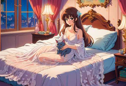 In this captivating anime-style illustration, a young woman with long brown hair adorned with a blue flower sits gracefully on a bed. She is dressed in a sheer, white nightgown that elegantly drapes over her form, complemented by a delicate shawl. Cradled in her arms is a gray cat with striking yellow eyes, adding a touch of warmth to the serene scene. The bed she sits on is a luxurious piece, featuring a wooden headboard and a plush white mattress. Behind her, a large pillow rests against the headboard, enhancing the cozy atmosphere. To her left, a nightstand holds a lamp, casting a gentle glow that complements the soft lighting from another lamp positioned near the window. The window, framed by rich red curtains, offers a view of a cityscape bathed in the gentle hues of twilight, with the sky transitioning from a deep blue to the first whispers of dawn. The overall ambiance of the image is one of tranquility and comfort, beautifully captured in the detailed artistry of the anime style.