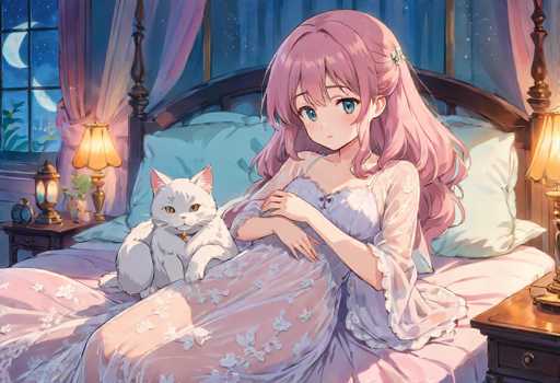 In this captivating anime-style illustration, a young woman with long, flowing pink hair adorned with a delicate barrette sits gracefully on a bed. Her hair cascades down her back, complementing her large, expressive blue eyes and small mouth. She is dressed in a sheer nightgown that features a light purple hue with a white floral pattern, adding a touch of elegance to her serene appearance. 

The bed she sits on is adorned with a pink floral-patterned comforter and is topped with four light blue pillows. Flanking the bed are two nightstands, each with a lamp that casts a warm glow, creating a cozy ambiance. To her left, a white cat with striking yellow eyes and a collar sits attentively, adding a sense of companionship to the scene.

Behind her, a large window framed by pink curtains reveals a mesmerizing night sky. The moon is visible, casting its gentle light over the room, while the silhouettes of plants can be seen outside, enhancing the tranquil atmosphere. This detailed and enchanting scene beautifully captures a moment of quiet repose and whimsical charm.