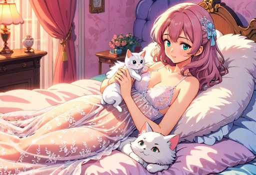 In this detailed anime-style illustration, a young woman with long, wavy pink hair adorned with a blue ribbon lies on a bed. She has striking blue eyes and is dressed in a sheer, lacy nightgown that features a floral pattern. The nightgown is a delicate blend of pink and white hues. The bed she rests on is covered with a light pink blanket and a purple pillow, and the headboard is made of brown wood. 

Two white cats accompany her; one is nestled on her lap, while the other lies beside her on the bed. The room around her is decorated with pink floral wallpaper and a matching pink curtain. To her left, there is a brown wooden nightstand with a lamp that has a white shade and a white vase. Another nightstand to her right holds a vase filled with pink flowers. The overall scene exudes a soft, dreamy atmosphere with its predominant pink tones and cozy elements.