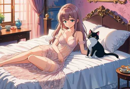 In this captivating anime-style illustration, a young woman with long, flowing hair that transitions from a light purple to a darker hue at the tips is depicted. Her hair cascades down her back, complementing her large, expressive blue eyes. She is dressed in a delicate nightgown adorned with lace and floral patterns, featuring thin straps that rest on her shoulders. The nightgown is a soft pink color, adding to the serene and dreamy atmosphere of the scene.

The woman is seated on a bed with a brown headboard, which is elegantly framed with gold accents. The bed is dressed in pristine white sheets and pillows, creating a cozy and inviting setting. Beside her, a black and white cat sits attentively, its striking yellow eyes fixed on the viewer. The cat's fur is predominantly black, with a contrasting white chest and a white patch on its face, adding a touch of whimsy to the scene.

To the left of the bed, a nightstand holds a few items, including a teacup and a vase, hinting at the woman's morning routine or a moment of quiet reflection. The background features a window with pink curtains, allowing soft light to filter into the room, enhancing the overall warmth and tranquility of the illustration.