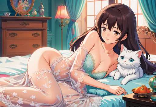 A woman with long brown hair is lying on a bed wearing a white lace dress and has her legs crossed. Next to her on the bed is a white cat. The room features blue walls, a window with curtains, and a wooden dresser in the background.