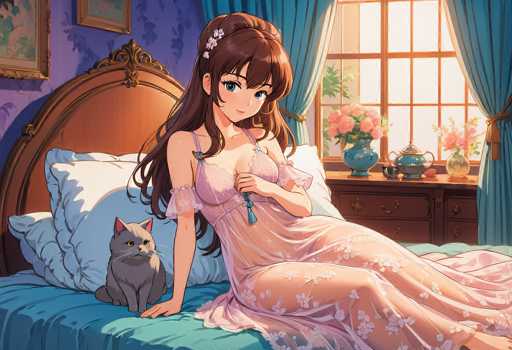 In this detailed anime-style illustration, a young woman with long brown hair adorned with white flowers is depicted lying on a bed. She is dressed in a pink nightgown featuring a floral pattern and has one hand resting on the bed while the other is pulling up the nightgown to cover her chest. The bed is covered with a blue blanket and has two white pillows behind her. A gray cat with yellow eyes sits on the bed, gazing up at her. The headboard of the bed is brown, and the wall behind it is purple with a blue floral pattern. Above the headboard, there are two framed pictures. To the right of the bed, a brown dresser holds a blue vase filled with pink flowers, a clear vase with pink flowers, a blue teapot, and a blue cup. The window behind the dresser is framed in brown wood and adorned with blue curtains tied back with a gold sash. The scene is bathed in natural light, adding a serene and cozy atmosphere to the room.