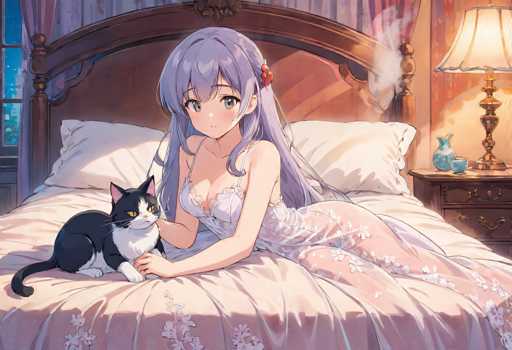 In this detailed anime-style illustration, a young woman with long, flowing purple hair adorned with a red flower clip is depicted lying on a bed. She is dressed in a sheer, white nightgown that features delicate floral patterns. Her large, expressive eyes are directed towards the viewer, and her right arm is gently wrapped around a black and white cat. The cat, with its striking yellow eyes, has a predominantly black body with a white chest and face, and it is looking off to the right. The bed they are resting on is covered with a pinkish-purple blanket and is framed by a brown headboard. To the right of the bed stands a brown nightstand, which holds a lamp with a white lampshade, a blue vase, and a small blue cup. The background reveals a window with purple curtains, through which a clear blue sky is visible, adding a serene touch to the scene.