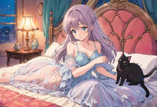 In this captivating anime-style illustration, a young woman with long, flowing lavender hair and striking blue eyes is depicted lying on a bed. She is adorned in a light blue nightgown that features delicate lace details on the sleeves and hem, adding a touch of elegance to her attire. The nightgown is complemented by a sheer, floral-patterned cover that drapes over her legs, enhancing the ethereal quality of her ensemble.

The bed she rests upon is a luxurious piece, characterized by a large, ornate headboard with a pink cushioned center and a gold frame that exudes opulence. The bed is neatly made with a white sheet, and a red blanket with a floral design adds a pop of color to the scene. 

To her right, a black cat sits attentively, its gaze fixed on her, adding a sense of companionship and intrigue to the composition. The background reveals a window through which a serene night sky is visible, dotted with stars and silhouetted buildings, suggesting a tranquil urban setting. The room is softly illuminated by a lamp on a nearby table, casting a warm glow that enhances the cozy and intimate atmosphere of the illustration.