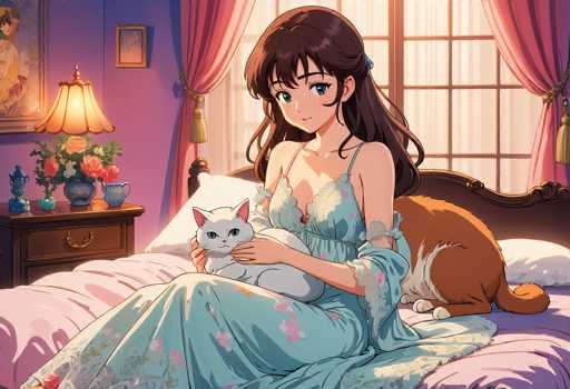 In this detailed anime-style illustration, a young woman with long brown hair and blue eyes is depicted sitting on a bed adorned with a pink comforter and matching pink pillows. She is wearing a light blue nightgown decorated with pink flowers. The woman cradles a white cat with pink ears in her arms, while a large brown dog with a white underbelly and tail rests beside her on the bed. The room features a window with pink curtains and a brown headboard behind the bed. To the left of the bed, there is a brown nightstand with a gold handle, topped with a blue vase filled with pink and white flowers, a blue pitcher, and a blue lamp. Additionally, a picture frame hangs on the wall, completing the cozy and intimate setting.
