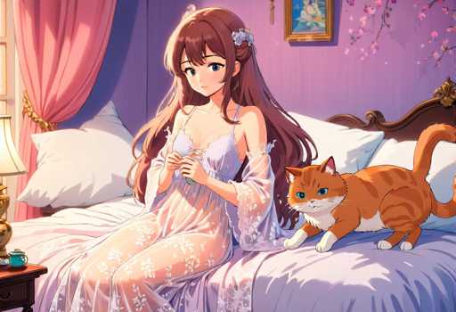 In this detailed anime-style illustration, a young woman with long, flowing brown hair adorned with a white flower clip sits on a bed, dressed in a sheer nightgown that reveals her bra and panties. She holds a phone in her hands, appearing to be in thought. Beside her on the bed is an orange cat with a white belly, gazing directly at the viewer. The bed is made up with a purple blanket and white pillows, set against a purple wall. Above the bed hangs a framed picture, and to the right, a branch of cherry blossoms adds a touch of nature to the scene. On the left side of the image, a window with pink curtains allows sunlight to filter in, casting a warm glow on the woman's face. Below the window, a small table holds a blue teapot and a lamp, completing the cozy bedroom setting.