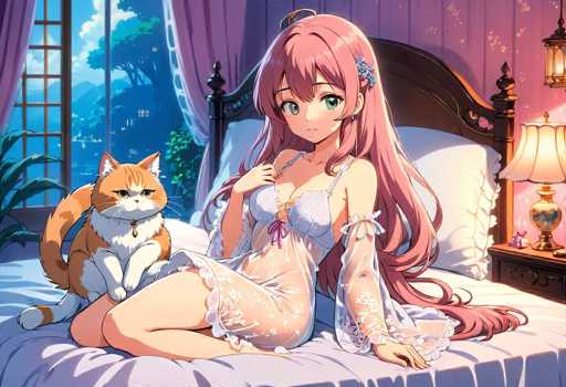 In this captivating anime-style illustration, a young woman with long, flowing pink hair adorned with a delicate blue flower clip lies on a bed. She is dressed in a sheer, white nightgown that features a lacy pattern and a purple ribbon at the neckline, with thin straps over her shoulders. Her striking green eyes gaze directly at the viewer, exuding a sense of calm and confidence. The bed she rests on is covered with a light purple sheet and a large white pillow, framed by a dark brown wooden headboard. To her left, a brown and white cat with a gold bell around its neck sits on the bed, adding a touch of warmth to the scene. The background reveals a window with purple curtains, through which a serene blue sky and lush green trees are visible, enhancing the tranquil atmosphere of the room.