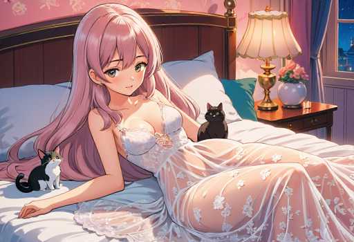 A woman with long hair and a white dress is lying on her stomach on a bed next to two cats - one black cat and one gray cat. The room has pink walls and a wooden headboard, creating an artistic and whimsical atmosphere.