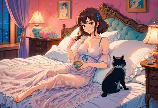 In this detailed anime-style illustration, a young woman with shoulder-length brown hair adorned with a blue bow is depicted sitting on a bed. She is wearing a light purple nightgown with blue straps and a matching blue bow at the front. The nightgown features a floral pattern, adding a touch of elegance to her attire. The woman is holding a small bowl in her left hand, while her right hand gently touches her hair. 

The bed she sits on is covered with a white bedspread and a light purple blanket. A black and white cat is positioned to her right, adding a cozy touch to the scene. The bed's headboard is ornate, with a blue cushioned center and a brown frame. 

To the right of the bed stands a nightstand with a brown top and a drawer, on which a lamp is placed. The lamp has a gold base and a white lampshade. On the left side of the bed, another nightstand holds a blue vase filled with pink flowers and a lamp with a white lampshade. 

The wall behind the bed is painted pink and adorned with a picture of a woman in a white dress. A window on the left side of the room is dressed with purple curtains, through which a cityscape can be seen, adding depth to the background.