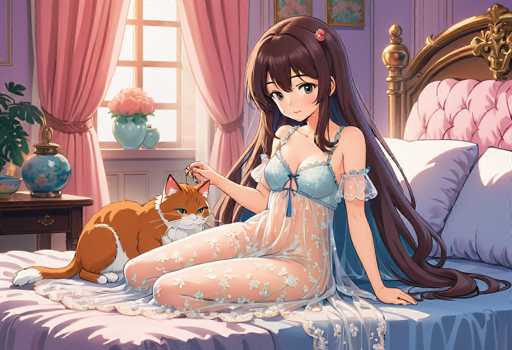 In this detailed anime-style illustration, a young woman with long brown hair adorned with a pink flower clip sits on a bed, exuding a serene and intimate atmosphere. She is dressed in a light blue nightgown featuring delicate white floral patterns and lace trim at the bottom. The nightgown is complemented by a matching blue bra. Her right hand delicately holds a pair of earrings, while her left hand rests gently on the bed. 

The bed itself is a luxurious piece, with a blue bedspread and a pink blanket draped over the edge. It is adorned with a pink headboard and an array of pillows: a large pink pillow, a smaller white pillow, and a light blue pillow. 

To her left, an orange cat with white fur on its belly and tail sits attentively, its green eyes fixed on her. The cat's ears are perked up, and it wears a white collar. 

Behind the cat, a wooden nightstand holds a blue vase with a pink flower and a small bowl. The background reveals a window framed by pink curtains tied back with a pink sash, allowing light to filter into the room. On the windowsill, a blue vase filled with pink flowers adds a touch of natural beauty to the scene.