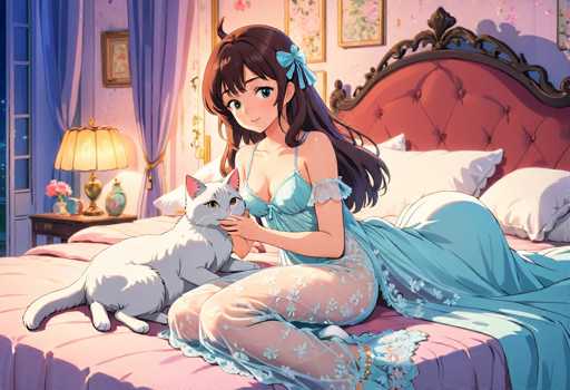 In this captivating anime-style illustration, a young woman with long brown hair adorned with a blue ribbon is depicted lying on a bed. She is dressed in a sheer nightgown that features delicate floral patterns and a blue lace overlay, adding an ethereal quality to her attire. The nightgown is complemented by a blue bra and matching panties, creating a cohesive and elegant look. The woman's large, expressive eyes and fair complexion give her a serene and dreamy appearance.

The bed she rests on is a luxurious piece with a red velvet headboard, intricately designed with a wooden frame. The bed is neatly made with a pink bedspread and adorned with several white pillows, enhancing the cozy and intimate atmosphere of the scene. Beside her, a white cat with striking yellow eyes sits attentively, adding a touch of companionship and tranquility to the image.

To the left of the bed, a nightstand holds a lamp, a vase filled with vibrant flowers, and a few other decorative items, contributing to the room's warm and inviting ambiance. The overall composition of the illustration exudes a sense of calm and romance, capturing a moment of quiet beauty and serenity.