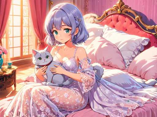 A woman with blue hair is sitting on a bed wearing a white dress and holding a gray cat. The room has pink walls and a gold-framed window that lets in sunlight.