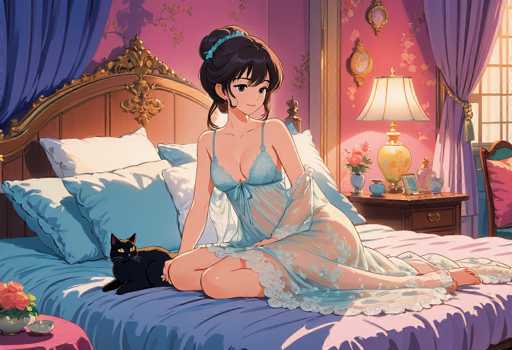 A woman is sitting on a bed with her legs crossed and wearing a blue lace-up dress that falls down to her knees. A black cat is lying next to her feet. The room has pink walls and a gold-framed window with white curtains.