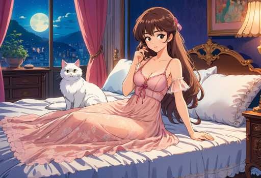 In this captivating anime-style illustration, a young woman with long brown hair adorned with pink ribbons sits gracefully on a bed. She is dressed in a pink nightgown that features a delicate lace border at the bottom and a lacy sleeve on her left arm, while her right arm is bare. Her pose is elegant, with her left hand resting on the bed and her right hand gently touching her face. The bed is adorned with white sheets and a white blanket, complemented by two white pillows behind her. 

To her left, a white cat with striking green eyes sits attentively, adding a touch of serenity to the scene. The backdrop reveals a large window draped with pink curtains, through which a moonlit cityscape can be seen, suggesting a nighttime setting. The room's decor includes a brown dresser with a potted plant on top, and a framed picture hanging on the wall. A lamp with a white lampshade is positioned to the right, casting a soft glow over the room. The overall ambiance is one of quiet elegance and tranquility.