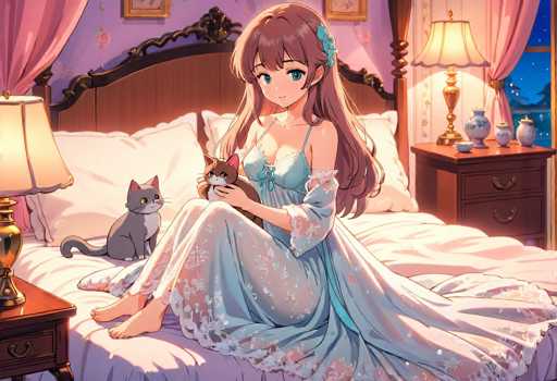 In this captivating image, we see a beautifully detailed anime-style drawing of a young woman with long, flowing brown hair adorned with a blue flower. She is seated on a bed, wearing a light blue nightgown that features a delicate floral pattern. The nightgown has thin straps over her shoulders and sleeves that extend just past her elbows, adding to its elegant design. The woman's striking blue eyes and serene expression contribute to the tranquil atmosphere of the scene.

The bed she sits on is a rich brown color, complemented by white pillows and a pink blanket that adds a touch of warmth and coziness. To her left, a gray cat with yellow eyes sits attentively, gazing up at her. On her right, she cradles a brown cat with a white chest, which looks up at her with curiosity. The bed is flanked by nightstands on both sides, each adorned with a lamp that has a white shade and a gold base, casting a soft glow over the room.

The walls of the room are painted a soothing purple, and the windows are dressed with pink curtains that are tied back, allowing natural light to filter in. The windowsill is decorated with a few blue and white vases, adding a subtle touch of color and elegance to the space. The overall composition of the image exudes a sense of peace and comfort, beautifully capturing a moment of quiet companionship between the woman and her feline friends.
