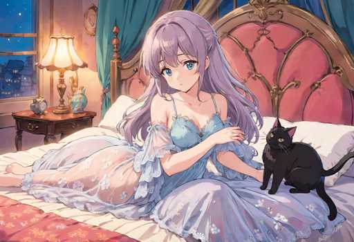 A woman with long purple hair is lying on a bed next to a black cat. The room has pink walls and a gold headboard, creating an elegant atmosphere.