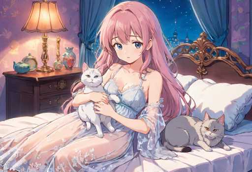In this captivating anime-style illustration, a young woman with long, flowing pink hair and striking blue eyes sits gracefully on a bed. She is dressed in a sheer, light blue nightgown adorned with delicate lace details. Cradled in her arms is a white cat with piercing yellow eyes, while another white cat with golden eyes rests beside her on the bed. The room is bathed in a soft, ethereal glow from a lamp positioned on a wooden nightstand, which also holds a blue teapot and a clock. The walls are decorated with elegant wallpaper, and a window with blue curtains frames a serene night sky dotted with stars. Outside, the silhouettes of buildings with spires add a touch of urban charm to the tranquil scene.