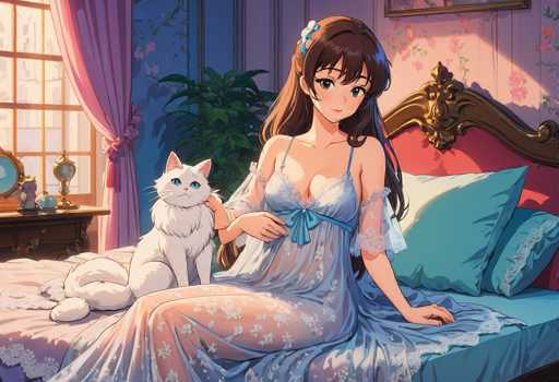 In this detailed anime-style illustration, a young woman with long brown hair adorned with a blue and white flower sits on a bed, gazing directly at the viewer. She is dressed in a sheer, light blue nightgown featuring a floral pattern and a blue bow at the waist. The nightgown's sleeves are slightly see-through, adding to its delicate appearance. Her hair cascades down her back, complementing the serene ambiance of the scene.

The bed she sits on is covered with a light blue bedspread and adorned with two pillows—one blue and one white. The headboard of the bed is ornate, with a gold frame and a red cushion, adding a touch of elegance to the setting. To her left, a white cat with striking blue eyes sits on the bed, its tail curled around its body, and it looks towards the viewer as well.

Behind the bed, the wall is decorated with pink wallpaper featuring a floral pattern, enhancing the room's cozy and romantic atmosphere. To the left of the bed, a window with pink curtains allows sunlight to filter into the room, casting a warm glow on the scene. Below the window, a small table holds a few items, including a globe and a picture frame, adding to the room's personal touch. A plant is positioned next to the table, contributing to the overall tranquil and inviting environment.