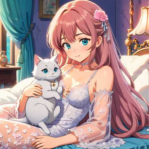 A woman with long red hair is sitting on a bed wearing a white lace dress and holding a white cat.