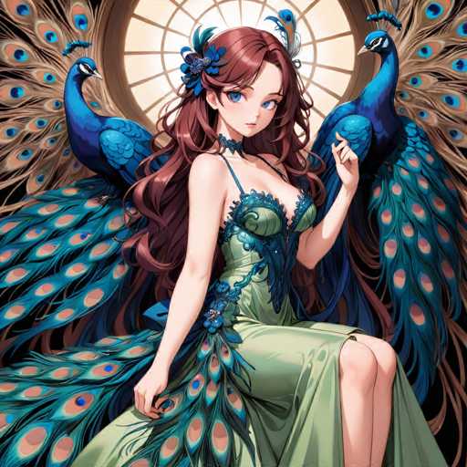 This image features a striking anime-style female character with long, wavy brown hair adorned with blue flowers. She has large, expressive blue eyes and is dressed in a green dress with intricate blue floral patterns. The dress has a single strap on her right shoulder, leaving her left shoulder bare. Her right hand is elegantly placed on the side of her dress, while her left hand rests on her knee. The character is seated on a throne-like chair, which is surrounded by the vibrant feathers of two blue peacocks, one on each side. The background is a light brown, circular design with radiating lines, adding a regal and ethereal quality to the scene.