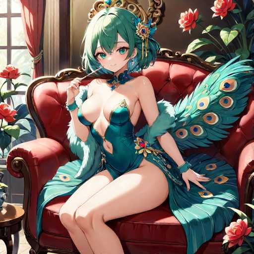 A woman with green hair and a peacock feather headdress is seated on a red chair in front of a window filled with pink roses.